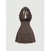 image:imageFloerns Womens Gingham Backless Lace V Neck A Line Halter Mini DressesBrown
