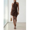 image:imageFloerns Womens Halter Backless Linen Wrap Mini Dress Tie Waist SundressBrown