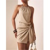 image:imageFloerns Womens Halter Backless Linen Wrap Mini Dress Tie Waist SundressKhaki