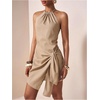 image:imageFloerns Womens Halter Backless Linen Wrap Mini Dress Tie Waist SundressKhaki