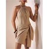 image:imageFloerns Womens Halter Backless Linen Wrap Mini Dress Tie Waist SundressKhaki