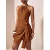 image:imageFloerns Womens Halter Backless Linen Wrap Mini Dress Tie Waist SundressRedwood