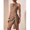 image:imageFloerns Womens Halter Backless Linen Wrap Mini Dress Tie Waist SundressTaupe