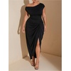 image:imageFloerns Womens Plus Size Asymmetrical Neck Ruched Slit Hem Cocktail DressBlack
