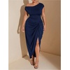 image:imageFloerns Womens Plus Size Asymmetrical Neck Ruched Slit Hem Cocktail DressDark Blue
