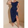 image:imageFloerns Womens Plus Size Asymmetrical Neck Ruched Slit Hem Cocktail DressDark Blue