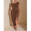 image:imageFloerns Womens Plus Size Asymmetrical Neck Ruched Slit Hem Cocktail DressDark Brown