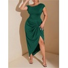 image:imageFloerns Womens Plus Size Asymmetrical Neck Ruched Slit Hem Cocktail DressDark Green