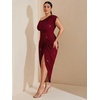 image:imageFloerns Womens Plus Size Asymmetrical Neck Ruched Slit Hem Cocktail DressGlitter Burgundy