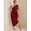 image:imageFloerns Womens Plus Size Asymmetrical Neck Ruched Slit Hem Cocktail DressGlitter Burgundy