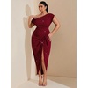 image:imageFloerns Womens Plus Size Asymmetrical Neck Ruched Slit Hem Cocktail DressGlitter Burgundy