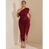 image:imageFloerns Womens Plus Size Asymmetrical Neck Ruched Slit Hem Cocktail DressGlitter Burgundy