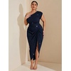 image:imageFloerns Womens Plus Size Asymmetrical Neck Ruched Slit Hem Cocktail DressGlitter Dark Blue
