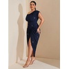 image:imageFloerns Womens Plus Size Asymmetrical Neck Ruched Slit Hem Cocktail DressGlitter Dark Blue