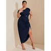image:imageFloerns Womens Plus Size Asymmetrical Neck Ruched Slit Hem Cocktail DressGlitter Dark Blue