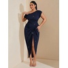 image:imageFloerns Womens Plus Size Asymmetrical Neck Ruched Slit Hem Cocktail DressGlitter Dark Blue