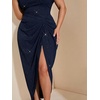 image:imageFloerns Womens Plus Size Asymmetrical Neck Ruched Slit Hem Cocktail DressGlitter Dark Blue