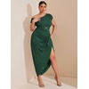 image:imageFloerns Womens Plus Size Asymmetrical Neck Ruched Slit Hem Cocktail DressGlitter Dark Green