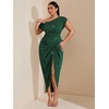 image:imageFloerns Womens Plus Size Asymmetrical Neck Ruched Slit Hem Cocktail DressGlitter Dark Green
