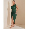 image:imageFloerns Womens Plus Size Asymmetrical Neck Ruched Slit Hem Cocktail DressGlitter Dark Green