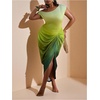 image:imageFloerns Womens Plus Size Asymmetrical Neck Ruched Slit Hem Cocktail DressGreen