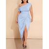 image:imageFloerns Womens Plus Size Asymmetrical Neck Ruched Slit Hem Cocktail DressLight Blue