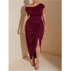 image:imageFloerns Womens Plus Size Asymmetrical Neck Ruched Slit Hem Cocktail DressMaroon