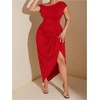 image:imageFloerns Womens Plus Size Asymmetrical Neck Ruched Slit Hem Cocktail DressRed