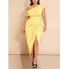 image:imageFloerns Womens Plus Size Asymmetrical Neck Ruched Slit Hem Cocktail DressYellow