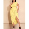 image:imageFloerns Womens Plus Size Asymmetrical Neck Ruched Slit Hem Cocktail DressYellow
