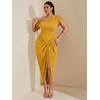 image:imageFloerns Womens Plus Size Asymmetrical Neck Ruched Slit Hem Cocktail DressYellow Glitter