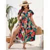 image:imageFloerns Womens Plus Size Hawaiian Tropical V Neck Long DressBlack Orange Tropical