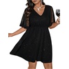 image:imageFloerns Womens Plus Size Mesh Flounce Sleeve V Neck Glitter A Line DressBlack