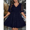 image:imageFloerns Womens Plus Size Mesh Flounce Sleeve V Neck Glitter A Line DressDeep Blue