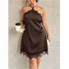 image:imageFloerns Womens Plus Size Satin Lace Trim Halter Dress Sleeveless Evening Party Night Out DressesBrown