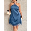 image:imageFloerns Womens Plus Size Satin Lace Trim Halter Dress Sleeveless Evening Party Night Out DressesDark Blue