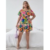 image:imageFloerns Womens Plus Size V Neck Short Sleeve Ruffle Hem A Line Short DressDeep Blue Foral Leaf