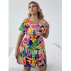 image:imageFloerns Womens Plus Size V Neck Short Sleeve Ruffle Hem A Line Short DressDeep Blue Foral Leaf