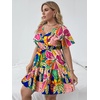 image:imageFloerns Womens Plus Size V Neck Short Sleeve Ruffle Hem A Line Short DressDeep Blue Foral Leaf