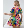 image:imageFloerns Womens Plus Size V Neck Short Sleeve Ruffle Hem A Line Short DressDeep Blue Foral Leaf