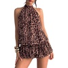 image:imageFloerns Women Backless Sleeveless Ruffle Bubble Hem Mesh Halter Mini DressKhaki Leopard