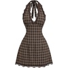 image:imageFloerns Womens Gingham Backless Lace V Neck A Line Halter Mini DressesBrown
