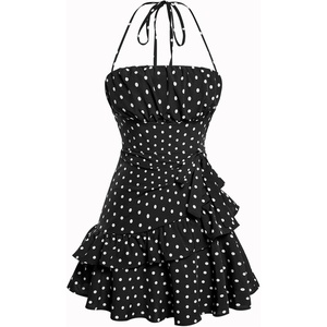 image:imageFloerns Womens Floral Halter Ruffle Tiered Cute Summer Mini DressBlack Polka Dots