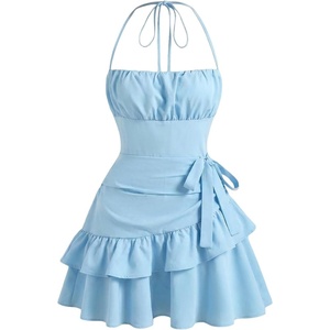 image:imageFloerns Womens Floral Halter Ruffle Tiered Cute Summer Mini DressPlain Blue