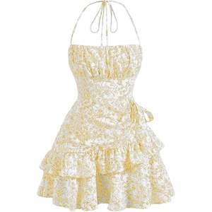image:imageFloerns Womens Floral Halter Ruffle Tiered Cute Summer Mini DressYellow
