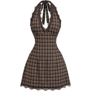 image:imageFloerns Womens Gingham Backless Lace V Neck A Line Halter Mini DressesBrown