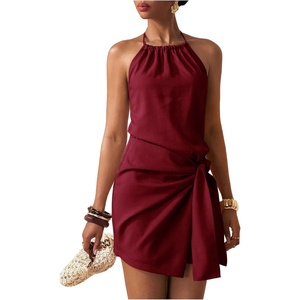 image:imageFloerns Womens Halter Backless Linen Wrap Mini Dress Tie Waist SundressBurgundy