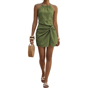 image:imageFloerns Womens Halter Backless Linen Wrap Mini Dress Tie Waist SundressGreen