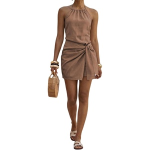 image:imageFloerns Womens Halter Backless Linen Wrap Mini Dress Tie Waist SundressTaupe