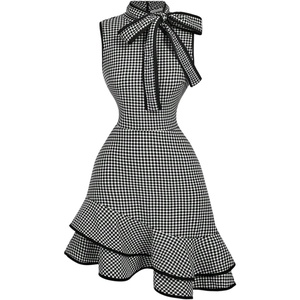 image:imageFloerns Womens Plaid Bow Tie Tweed Sleeveless Ruffle Elegant Mini DressBlack Plaid
